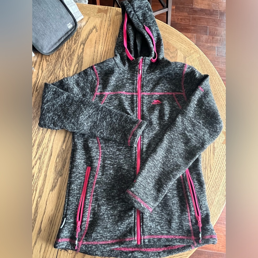 Grey hooded fleece with pink trim, size M